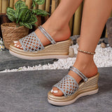 Hollow Out Gold Wedge Heels Sandals Women Plus Size 43 Chunky Platform Slippers Woman Summer Slip On Weave Thick Sole Sandles