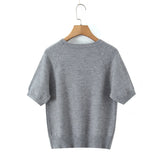 Fashion Casual Heart-patterned Short-sleeve Knit Shirt Women Heart Pattern Short Sleeve Knit Sweater Casual Crew Neck Top 7S5S
