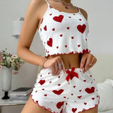 Summer Sleepwear Women Heart Print Relaxed Fit Pajama Set Round Neck Backless Crop Cami Top and Shorts Set Loungewear