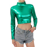 Women Metallic Long Sleeve Crop Tops Shiny Stretch Mock Neck T Shirt Dance Clubwear Ladies Slim Fit Blouses Gold Silver Costumes