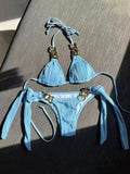 Halter Metal Rings Bikinis Wrinkled Bikini Female Swimsuit Women Swimwear Two-pieces Bikini Set High Cut Bathing Suit Swim Lady