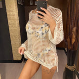 Long Sleeve Hollow Out Top Crochet Knitted Tunic Beach Cover Up Cover-ups Beach Dress Beach Wear Beachwear Female Women V4250