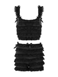 2 Piece Sets Women's Layered Ruffle Lace Sleeveless Vest Tops and Bow Shorts Sets 2024 Summer Casual Gothic Y2K Loungewear