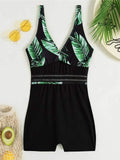 New V Neck Leaves Printed Shorts One Piece Swimsuit Women Swimwear Female Monokini Padded Bather Bathing Suit Swim Lady K4142