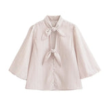 Women's Fashion Casual Bow Striped Shirt Striped Double Bow Tie Neck Button Down Blouse Sleeve Casual Shirt For Daily Wear WON6