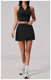 Women's Tracksuit Yoga Set 2 Pieces High Waist Pleate Pocket Skort Fitness Suit Turn Down Collar V Neck Slim Tank Top Sporstwear