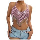 Vest Pink Rhinestone Crystal Chain Halter Crop Top For Women Sparkly Mesh Bralette With Star Tassel Fringe Sexy Party Clubwear