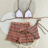 New Sexy Striped Halter Bikini Women Swimwear Three-pieces Bikini set With Shorts Female Swimsuit Bathing Suit Bather Swim V6326