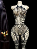 Hot Sexy Lingerie Erotic Crotchless Women Mesh Hollow Bodystockings Full Sleeve Leopard  Sling Hanging Neck Underwear Body Suits