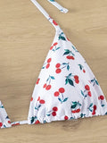 With Mesh Sarong Skirt Cherry Printed Bikini Female Swimsuit Women Swimwear Three Pieces Bikini Set Bathing Suit Swim Beachwear