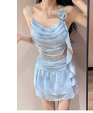 Swimsuit Women's Two-piece Fairy Style Sexy Hot Spring Skirt Style Three-dimensional Flower Ribbon Swimsuit