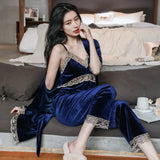 Women's Autumn Winter Golden Velvet Pajamas Set - Sexy Lace Suspender 3-Piece Loungewear with Breast Pads