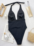 V Neck Halter Wrinkled Women Swimwear One Piece Swimsuit Female High Cut Backless Monokini Bather Bathing Suit Swim Beachwear