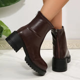 Fashion Thick Heels Ankle Boots Women 2025 Back Zipper Plus Size 35-42 Pu Leather Boots Woman Round Toe Platform Booties Mujer