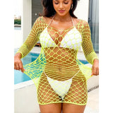 1 PC Women Sheer Mesh Long Sleeve Beach Cover Up Sexy See-Through Fishnet Bodycon Dress for Summer No Bikini Included