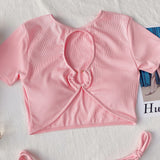Bikini 2026 Sexy Pink Short Sleeve Hollow Swimwear Swimsuit Women Bikinis Set Bathing Suit Beach Bikini Female Metal Ring Decor