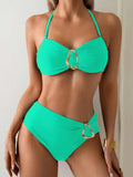 S - XL Metal Ring Halter Female Swimsuit High Waist Bikini Women Swimwear Two-Pieces Bikini Set Bather Bathing Suit Swim V6933