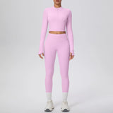 New Women Yoga Set Solid Color Double-Sided Brushed Bare Feel Short Long-Sleeve Jacket Tight Pants Running Fitness 2-Piece Set