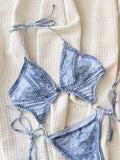 Women Denim Print Metallic Swimsuit One Piece Halter Hollow Backless Bikini Swimwear Bathing Suit Beach Outfits Bodysuit Biquini