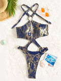 Shiny Blue Snakeskin Print One Piece Swimsuit Women 2026 Sexy Hollow Out Backless Metal Cross Bathing Suit Swimwear Monokini