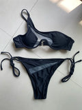 Splicing Mesh Underwire V-bar One Shoulder Bikini Women Swimsuit Female Swimwear Two Pieces Bikini Set Push Up Bathing Suit Swim