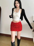 Fashion Three-dimensional 3D Rose Flower Decoration Women's Skirts Mid Waist Red Mini Skirts Summer 2026 New Sweet Women PM27