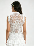 Women's Solid Color Lace Tank Tops Mandarin Collar Sleeveless Frog Buttons Summer Vest