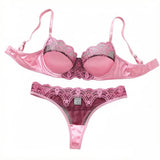 Sexy Pink Floral Lace Bra Thong Set Women Satin Trim Padded Underwire 2‑Piece Sheer Mesh Intimate Lingerie Sleepwear ZA825289