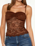 Women's Solid Color Lace Cami Tops Sleeveless Tie Spaghetti Strap Ruched Bust Camisole Summer Vest