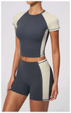 Summer New Yoga Sets Women Breathable Contrasting Color Short Sleeve Slim Sports T Shirts Training Running Shorts Fitness Suit