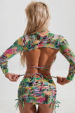 Long Sleeve Printed Halter Bikini Female Swimsuit Women Swimwear Four-pieces Bikini Set with Mesh Skirt Bathing Suit Beach Wear