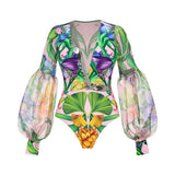 Vintage Green Floral Print Swimsuit Long Skirt Set Women Sexy Mesh Long Sleeve V Neck Tummy Control Holiday One Piece Swimsuit