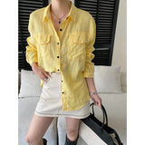 Women White Linen Blend Button Down Shirt Turn Down Collar Chest Pocket Loose Fit Blouse For Summer And Vacation Outfit KY7U