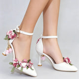 Small Big Size 32-46 Women's Elegant Pink Flowers High Heels Sandals Summer Sexy Pointy Toe Party White Wedding Sandals Shoes
