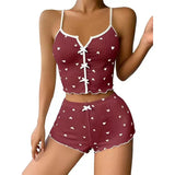 Sleepwear Women Pajamas Set Heart Print Soft Ribbed Fabric with Flirty Frill Trim Casual Top and Shorts Sets Loungewear New