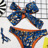 2026 Sexy Bikini Bandeau Women Blue Print Bowknot Swimwear Swimsuit Bikinis Set Bathing Suit Beach Bikini Female Removable Strap