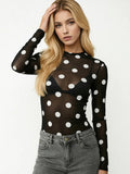 Women’s Spring Summer Crew Neck Mesh T-Shirts Long Sleeve Dots Print Slim Fit Transparent Classic Tops