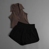 Summer Women's Sports Sets Color Contrast Lapel Collar Sports T Shirts High Waist Pleate Shorts Gym Running Fitness Yoga Suit