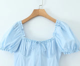 Bowknot Ruffles Light Blue Midi Dress Women's Summer Off Shoulder Short Sleeve Beach Dress Drawstring White A-line Vestidos 2025