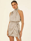 Foridol One Shoulder Turtleneck Tank Satin Women Party Dress Robe Zip Sleeveless Elegant Vintage Folds Women Clothing 2025