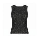 Women Sheer Rhinestones Tank Tops Mesh Sleeveless Shirt Aesthetic Beach Club Sexy Basic Vest Streetwear Summer
