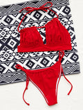 Bikini 2026 Sexy Red Swimwear Swimsuit Women Hollow Pleated Backless Halterneck Bikinis Set Bathing Suit Beach Bikini Female New