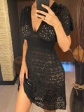 S - XL Short Sleeve V Neck Crochet Knitted Tunic Beach Cover Up Cover-ups Beach Dress Beach Wear Beachwear Female Women V5314