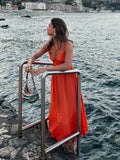 Foridol Orange Backless Tie Up Sexy Summer Women Dress V Neck A-line Beach Slip Dress 2025 Spaghetti Strap Party Midi Vestidos