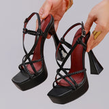 2027 New Arrival Weave Narrow Band Back Buckle Strap Women Platform Sandals Strange High Heels  Party Dress Shoes Size 42