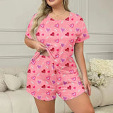 Pink Heart Print Plus-Size Women Sleepwear Pajama Set Nightgowns  Short Sleeve Tee and Shorts  Nightclothes 3XL 4XL 5XL Smooth