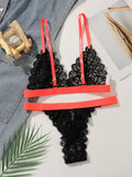 Women Contrast Strap Lace Lingerie Set Deep V Bralette & Thong 2 Pieces Sexy See Through Floral Lace Intimate Underwear C3075