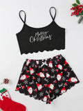 Women Sleepwear Christmas Santa Print Crew Neck Sleeveless with Spaghetti Strap Top and Shorts Pajama Set Loungewear