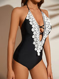 Sexy Push Up Tummy Control Swimwear Women Black Plunge Neck Padded One Piece Swimsuit Lace Beach Bathing Suit Bodysuit Monokini