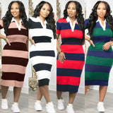 Summer women's fashionable lapel contrasting color slim fit slit dress